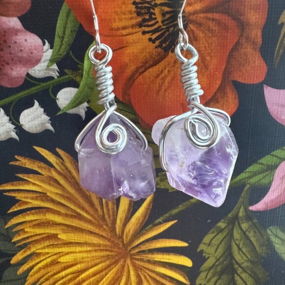 Handmade Earring Set Natural Purple Amethyst Freeform & Silver Wire Wrapping - Picture 3 of 5